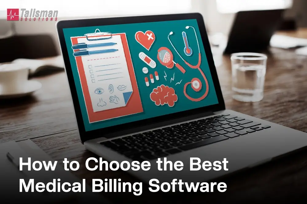 Illustration of a laptop with medical billing software open on the screen